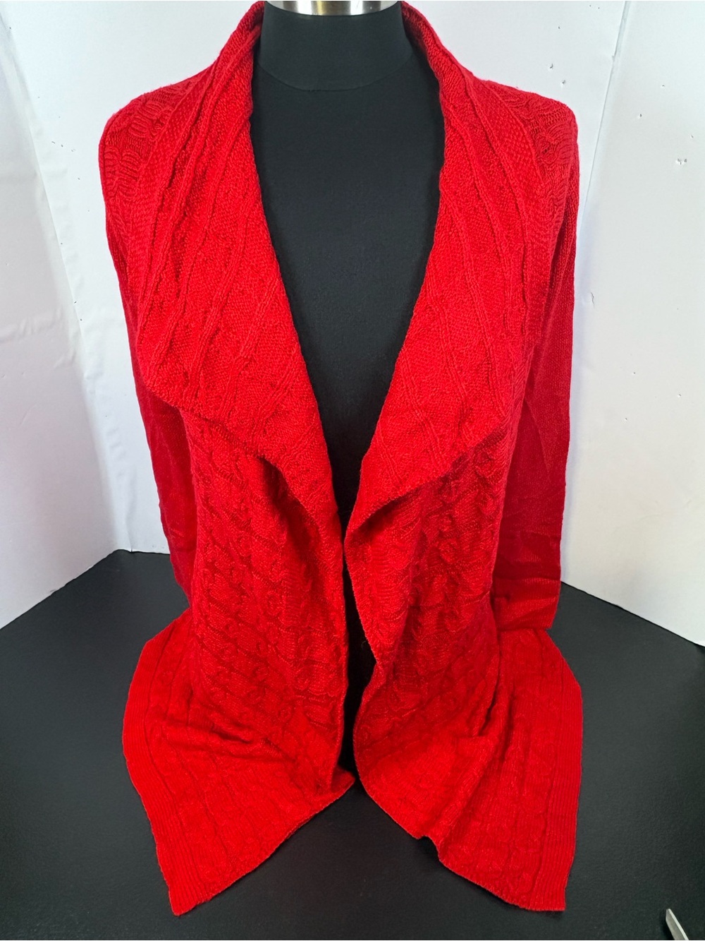Kim Rogers Red Cable-Knit Open Front Cardigan